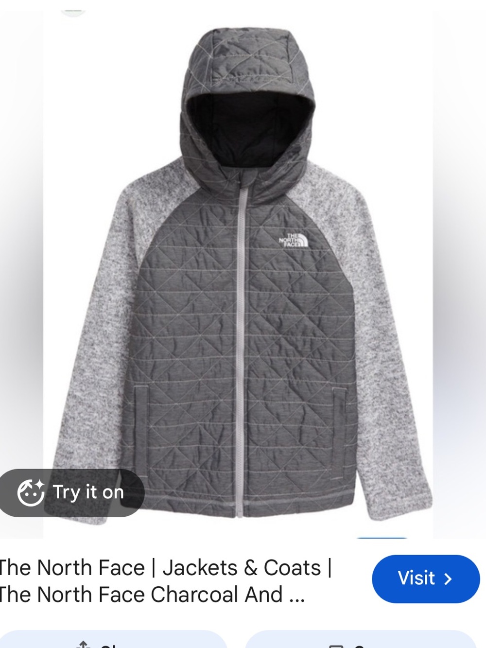 Size 6T The North Face Kids' Charcoal Quilted & Heather kids Jacket with Hood